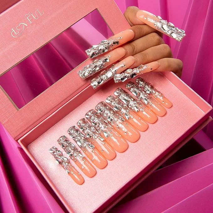 LOVFUL Stunning Bling Nails,Crystal Detailed Diamonds Press On Nails | Custom Shape | Glitter Rhinestone Nails | Gradient Pink Fake Nails| Square Long 2.2 in | H126 (L)