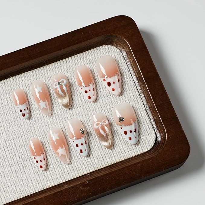 Valentine‘s Day Leopard Print Press on Nails - Gold Glitter French Tip & Bow Design, Medium Almond Nude Gradient Acrylic Fake Nails for Women (Sweet Leopard Chic, S)