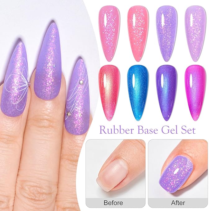 Rubber Base Gel Nail Polish Set Brocade Pink Purple Builder Base Gel in a Bottle Hard Extension Gel Pearlescent Blue 8 Colors Cured for Nails at Home Salon DIY Beginner
