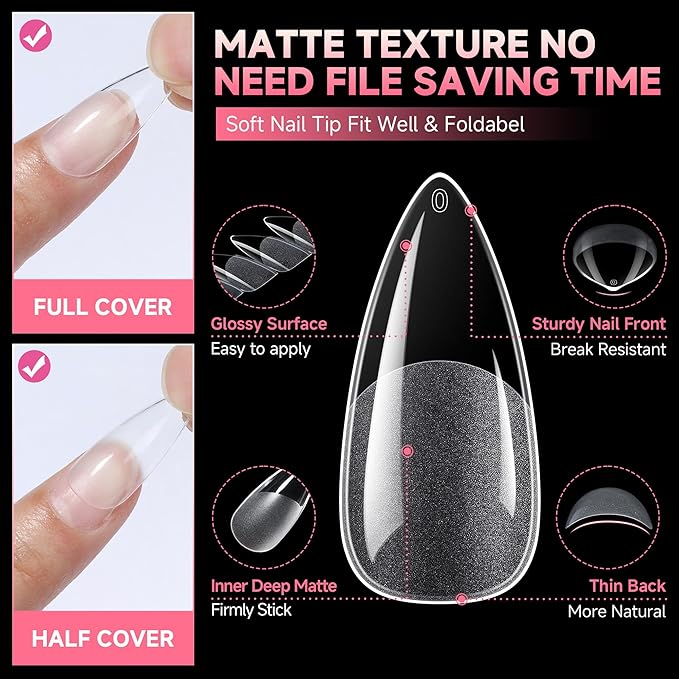 UNA GELLA Medium Stiletto Gel Nail Tips Full Cover 216Pcs Almond Shape Nails Tips Stiletto Pre Etched Soft Gel Nails Clear Fake False Nail Tip for Home Art Salon 12 Sizes