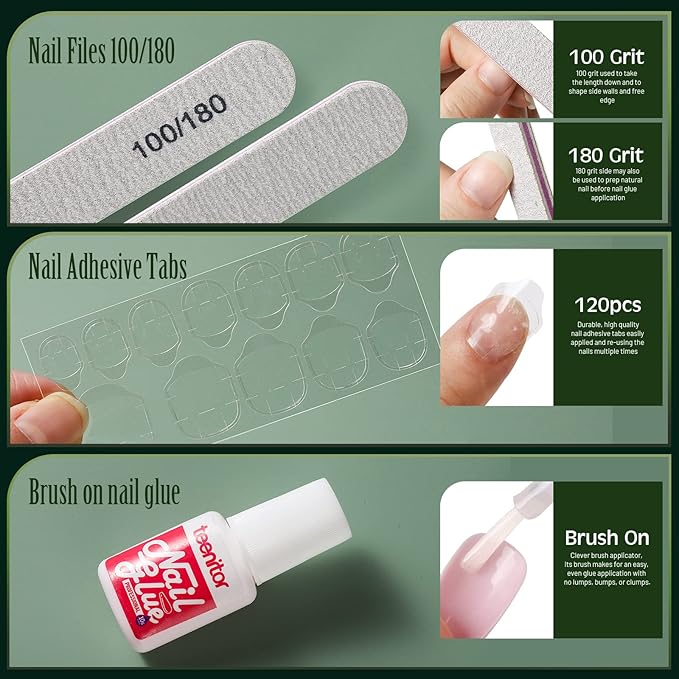 Coffin Shape Press On Nails Set, Teenitor 24 Packs 576PCS Matte Short Coffin Glue On Nails Medium Length, 12 Colors Coffin , 12 Colors Glossy Press On Coffin Nails, Reusable, Nail Adhesive Tabs, Nail Stickers Rhinestone