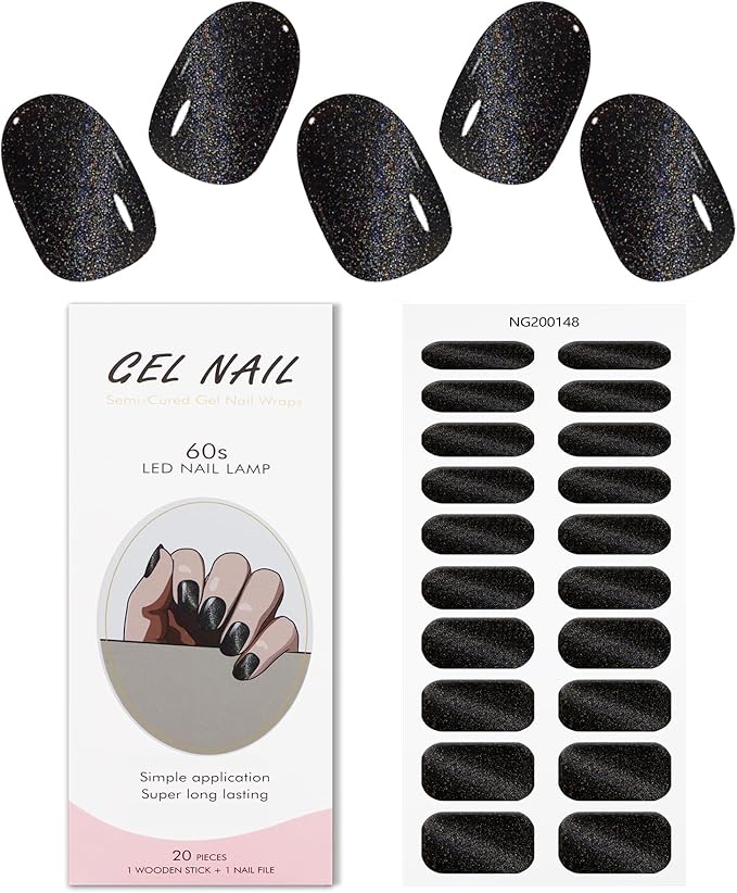 JMEOWIO Gel Nail Stickers Black Cat Eye Semi Cured Gel Nail Strips Wraps UV/LED Supplies Nails Art Design Decoration Accessories