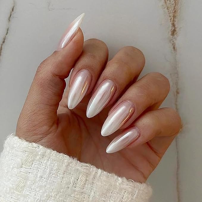 Pearlescent Press on Nails Medium, Glazed Ombre Nude Fake Nails Almond Chrome Acrylic Press Ons for Women, Natural Fit Full Cover Glue on Nails in 12 Sizes - 24 Pieces Nail Kit