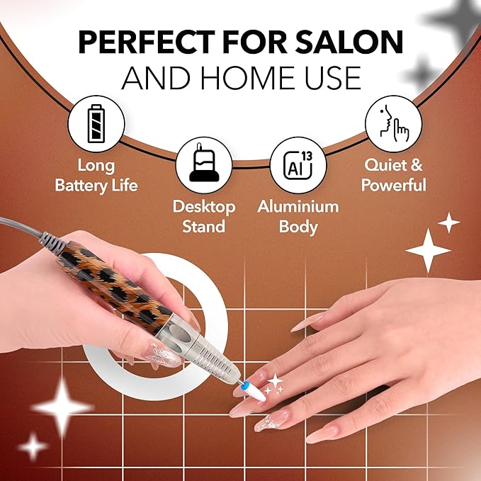 M Max - Nail Drill Professional - 2-in-1 Brushless Motor Nails Drill Machine - Electric, Cordless, Aluminium Alloy Casing, 35000 RPM, HD Display - for Salon & Home Use (Special Edition - Leopard)