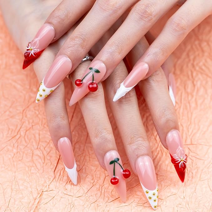 10 Pieces Handmade Long Almond Press On Nails, White Thickened French False Nails, 3D Flowers And Cherries, Reusable Fake Nails Almond, Reusable Acrylic Nails (S)