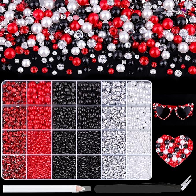 14000Pcs Flatback Pearls and Rhinestones for Crafting, Red White Black Mixed Size 3-8mm Resin Rhinestones and Half Pearls for Bedazzling, Nail Art with Tweezers and Pickup Pencil