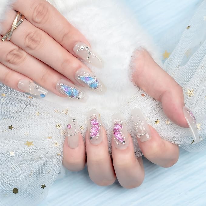 Sun&Beam Nails Handmade Nail Tips Medium Long Ballerina Coffin Fake Nails White Pearl Colorful Butterfly Popular Stylish Cute Fake Nails 10 Pcs (#90 S)