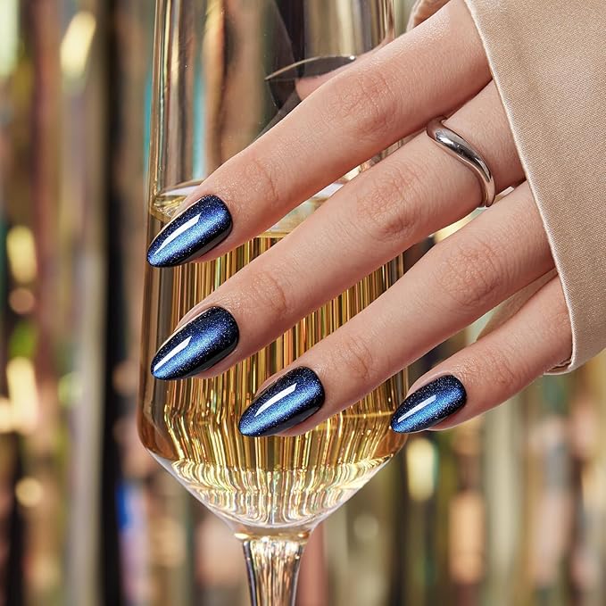 VSALON Press on Nails Almond Short for Newbies, Dark Blue Cat Eye Chrome Glossy Glitter Stick On 32 pcs Fake Nails Kit in 16 Sizes, Reusable Opaque Gel Nails with Glue, Cuticle Stick & Nail Buffer