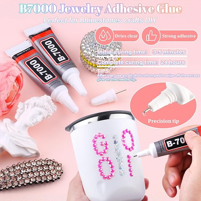 30000Pcs Resin Hot Pink AB Rhinestones for Bedazzling Crafting with b7000 Jewelry Glue, Bulk Flatback Gems Bedazzler Kit for Crafts Clothes Shoes Fabric Nail Diamond Art, Assorted Size 2/3/4/5/6mm