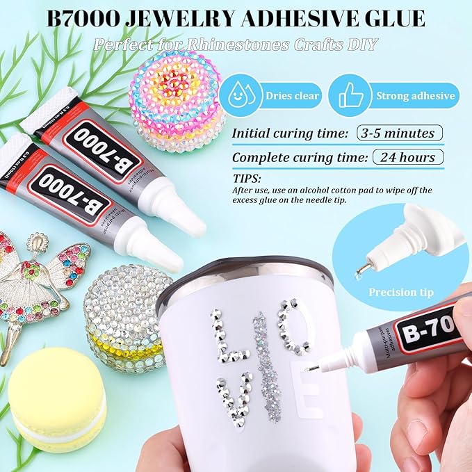 12000Pcs Resin Rhinestones for Bedazzling with 3Pcs B7000 Jewelry Glue, 2 Boxes Silver Flatback Rhinestones for Crafting Crafts DIY, Crystals Gems for Clothing Shoes Tumblers Nail Art Makeup