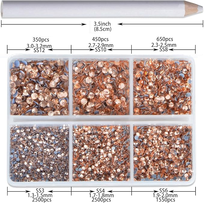 8000pcs Hotfix Rhinestones Flatback,Rhinestones for Crafts Clothes Mixed 6 Sizes, Hotfix Crystals with Wax Pencil Kit, SS3-SS12,Lt.Peach