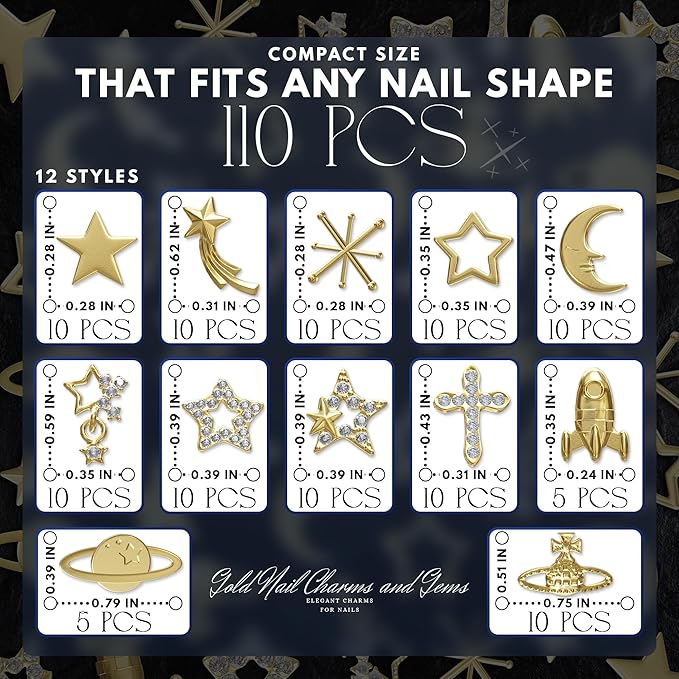 110 Pcs Gold Star Nail Charms – Complete Gold Nail Charms and Gems Kit with Stars, Planets, Moon, Crosses & Rockets – Designed for Creating Detailed, Custom Manicure Designs with Easy Application