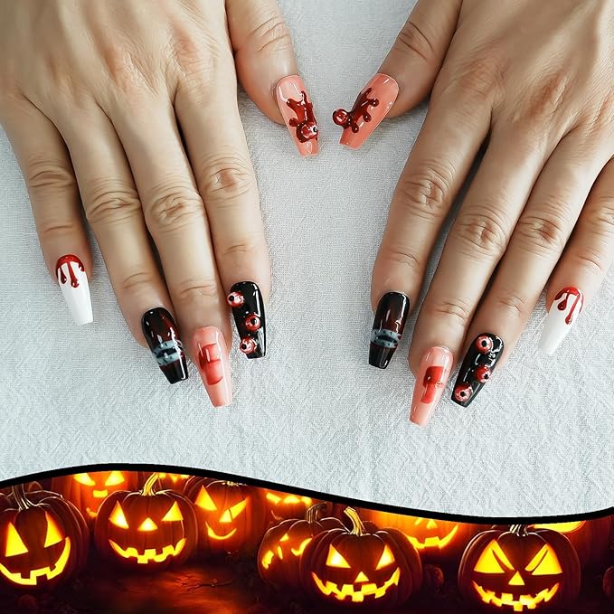 Y2K Press on Nails Long Coffin Nails 3D Eyeballs Blood Drops Design, Multi-Layer Gel Acrylic Nails for Parties (Vampire Eyes,S)