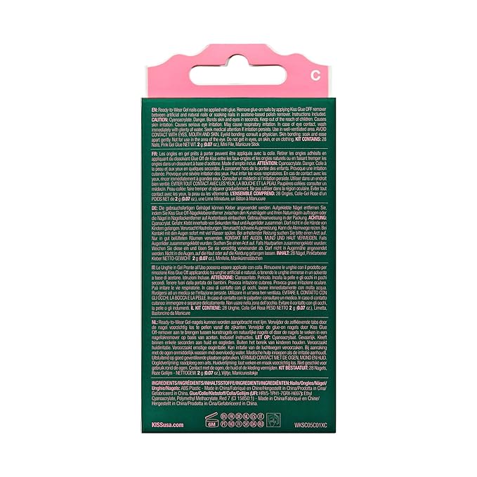 WICKED X KISS Press On Nails, ‘Pink Perfection’, Pink, Short Oval, Waterproof, Chip Proof, Smudge Proof, 28 Fake Nails, Gel Nail Glue (2g), Mini Nail File, & Manicure Stick