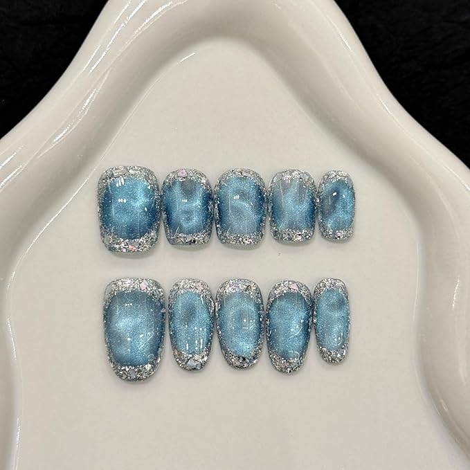 Short Square Press on Nails - Handmade Manicure Art Reusable False Nails 10pcs with Solid Nail Glue, Nail Adhesive Tabs, Strong Nail Glue (151 Large)