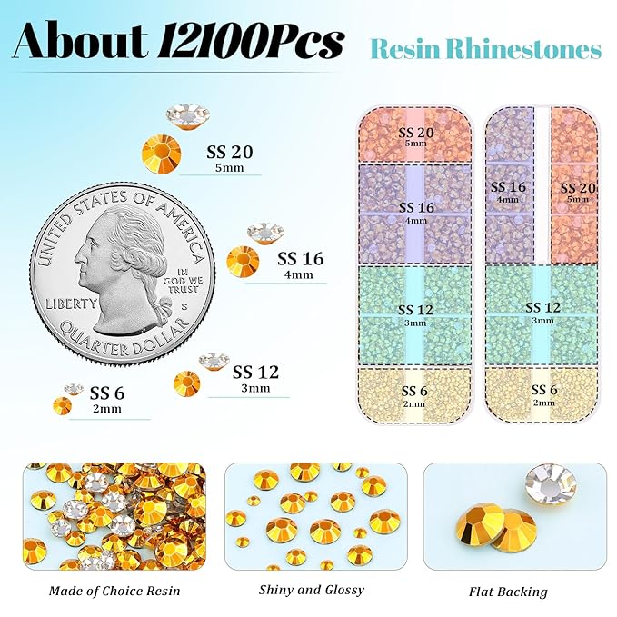 12100Pcs Resin Rhinestones for Crafting with 3Pcs 10ml B7000 Jewelry Glue, 2 Boxes Flatback Crystals Diomand (Gold) for Bedazzling Crafts DIY Nail Art Makeup，Non Hotfix Gems for Clothing Shoes