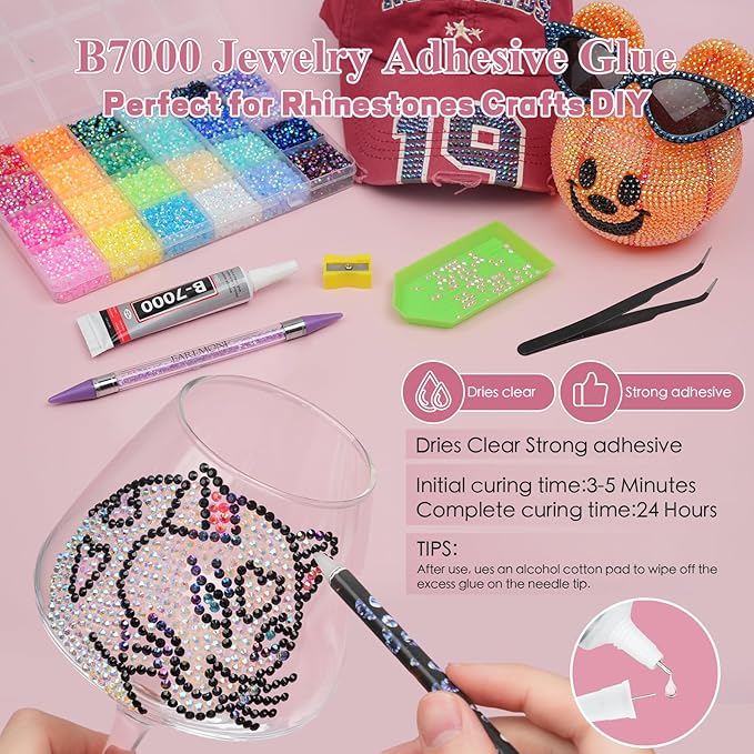 Resin Jelly Rhinestones for Bedazzling, EARLMONI Multi Colord Bedazzler Kit with 15ml B7000 Glue Rhinestone Pen Tool for Clothes Nail Art (B 24 Colors, 4MM)