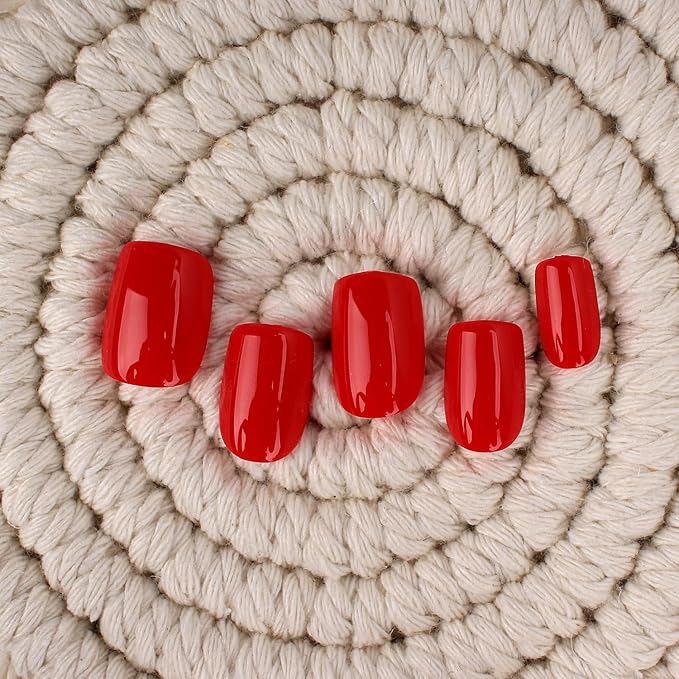 Red Press On Nails Short, Glossy Soft Gel Press On Nails Square with Nail Glue, 15 Sizes - 30 Fake Nails Kit, Thick Natural Reusable Glue On Nails for Women