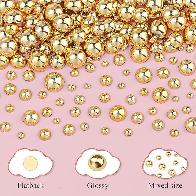 Gold Nail Charms Caviar Beads for Nails, 1.5-5mm Half Round Flatback Nail Pearls 0.7-2mm Gold Beads with Pickup Tools for Nails Face Eyes Makeup (32-K1-5)