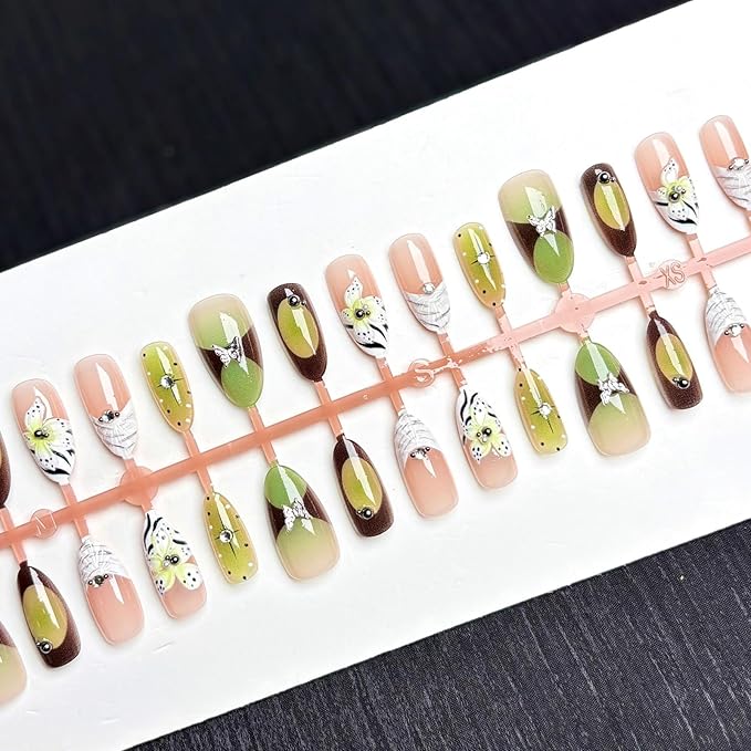 St. Patrick’s Day 30Pcs Handmade Press on Nails Almond Fake Nails Fluorescent Green False Nails with 3D Gradient Flower Butterfly Rhinestone Glossy on Nail Full Cover Press Ons Nail for Women Manicure