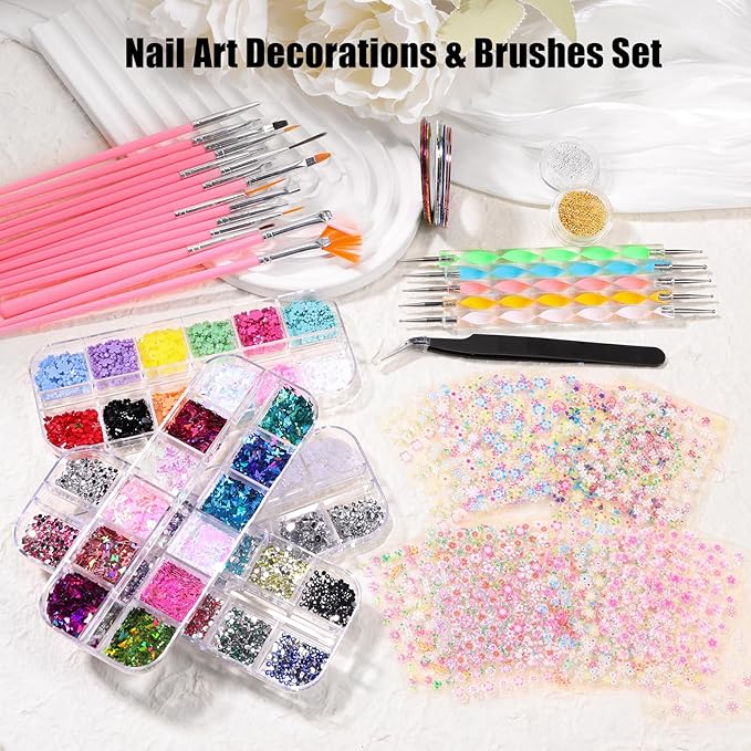 67 in 1 Nail Art Brushes Nail Art Kit,Brushes Dotting Pens with Striping Tape,Mini Metal Caviar Beads Ball,Rhinestones, Pearls,Metallic Foil Flakes,Sequins,Stickers Manicure Design Tools (Pink)
