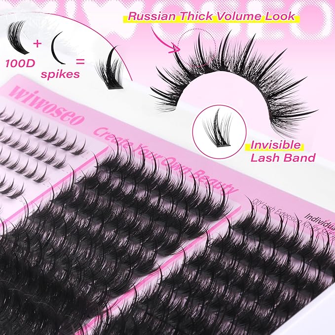 wiwoseo Lash Spikes Lash Clusters Kit with Bottom Lashes Spiky Lash Clusters Eyelash Extensions Kit Manga Eyelash Clusters Kit Fairy Cluster Lashes Salon Lashes Clusters Kit with Clear Bond and Seal