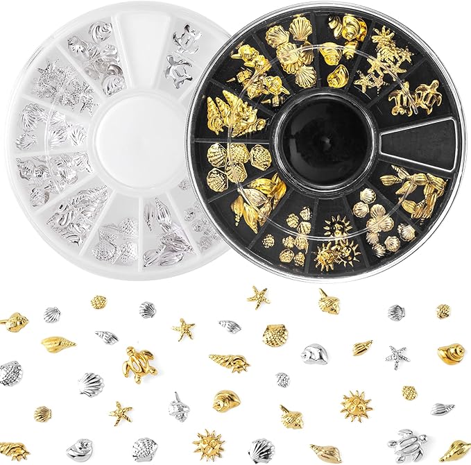 2 Disc Ocean Nail Art Charms, Beach Starfish Sea Seashell Nail Decal, Alloy 3D Gems Jewelry Decoration Supplies for Manicure DIY Embellishments 12 Style- Silver & Gold