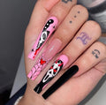 24pc Pink and Black Long Square Press On Nails with Blood Knife and Cobweb for Costumes, Reusable Nail Kit with Adhesive Tabs, 12 Sizes (Pink and Black)