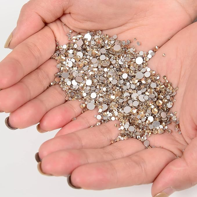 10000 Pieces Rhinestones 6 Sizes Round Crystal Glass Flat Back Rhinestones with 1Tweezers and 1Picking Pen for Nail Art Crafts Clothes Bags DIY (Gold Champagne)