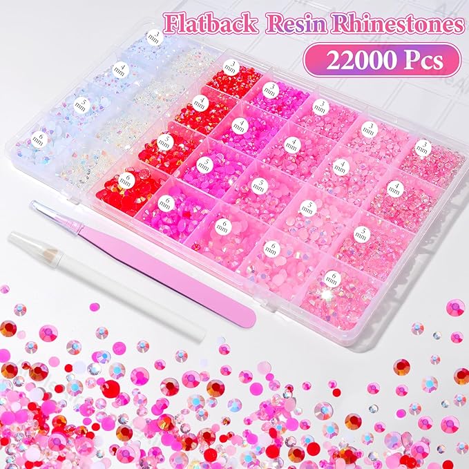 22000Pcs Pink Rhinestones for Bedazzling, Jelly Bedazzling Resin Gems 3-5mm, Pink White Gems Bedazzling Kit for Crafting, Flatback Color Light Hot Pink AB Gems for Nails Face Makeup Crafts Tumblers