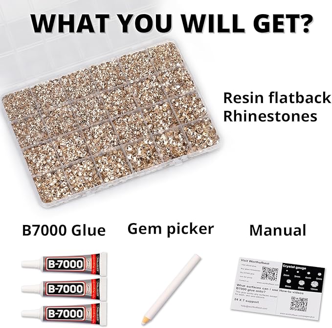 33000Pcs Champagne Rhinestones for Bedazzling, Bedazzler Kit with Flatback Craft Rhinestones Rose Gold Tan Bulk and B7000 Glue, 2,3,4,5,6mm Resin Flat Back Crystals for Craftings, Clothes, Nails