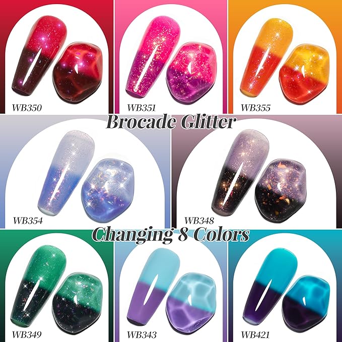 YTD Likomey Color Changing Gel Nail Polish Set,Fall Winter 8 Colors Shimmer Brocade Glitter Mood Temperature Change Colors Kit,Black Green Red Blue Purple UV Thermal Manicure Color Gel,7.5ml