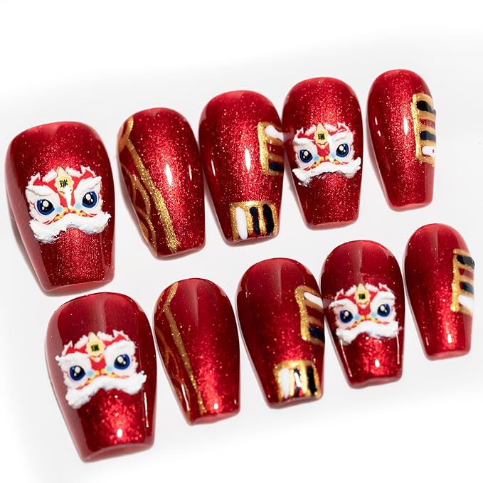 Sun&Beam Nails Handmade Short Coffin Ballerina Red False Nail Tips with Cute 3D Lion Popular Charm Design Press On Nails 10 Pcs (#016 L)