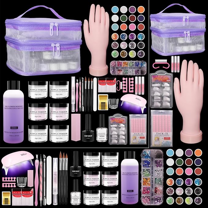 Acrylic Nail Kit for Beginners with Everything - Practice Hand for Acrylic Nails - 6PCS Nail Powder Liquid Set with UV Lamp - Professional Manicure Set in Pink Bag for Starter Home Salon (Purple-1)