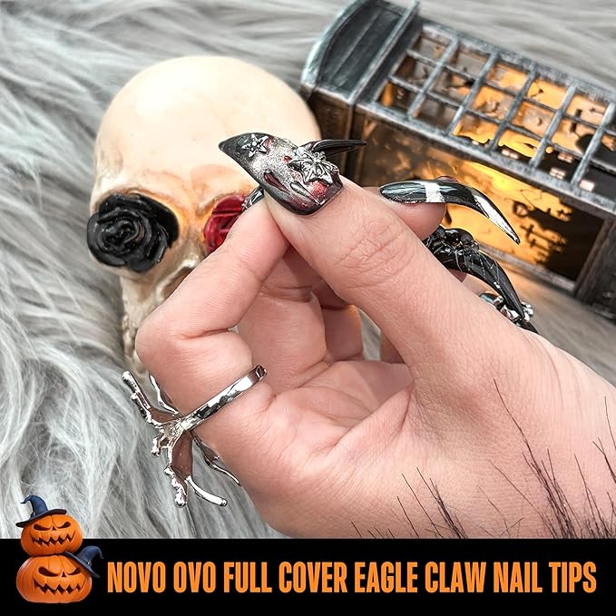 NOVO OVO Halloween Black Nail Tips Curved Stiletto, Full Cover Gel x Extension kit for 3D Eagle Claw nails, Extra Thick Hawk Deep Curve Almond French Tips Soft False Fake Acrylic Nail 12 Size 120pc
