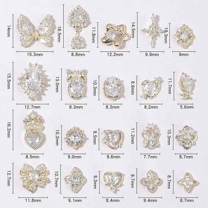 HNUIX Nail Charms and Gems - Gold Copper Zircon, Multiple Shapes 3D Dangle, Metal LuxuryJewelry Rhinestones for Nails 20 Pieces