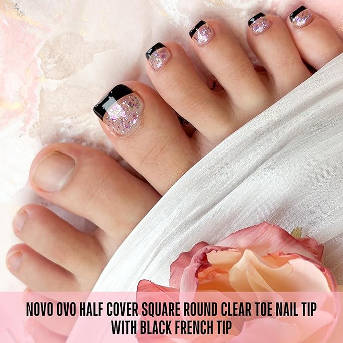 NOVO OVO Half-Cover Toe Nail Tips Black French, Round Soft Gel False Toenails with Alignment Guide Lines, Pre-Designed Clear Faux Toes for DIY Pedicure Extension, 240Pcs 15 Sizes (Flexible PMMA)
