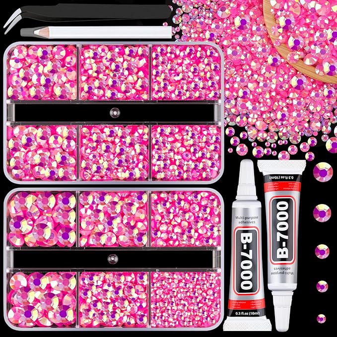 Resin Jelly Rhinestones for Crafting with B7000 Jewelry Glue, 2 Boxes Hot Pink AB Flatback Crystals with 2Pcs 10ml Glue, Bedazzling Non Hotfix Gems for DIY Tumblers Clothing Shoes Manicure