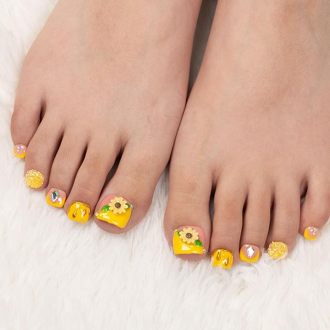 LOVFUL Press on Toenails Honey Bee Yellow | 20 PCS Free Size Toe Nails | Reusable Fake Nails for Toe | T101