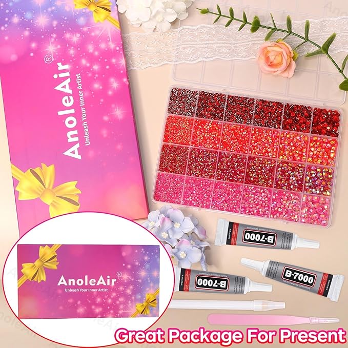26000PCS Red Resin Flatback Rhinestones for Crafting, Resin Rhinestones for Bedazzling Kit, 2/3/4/5/6mm Flatback Gems Jewels for DIY Mugs Tumblers Clothing Shoes Nail Art
