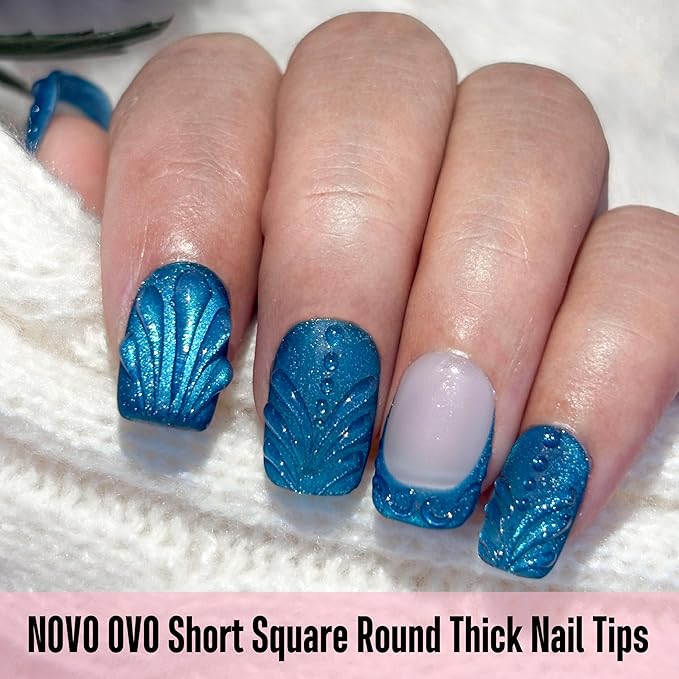 NOVO OVO Short Square Round Nail Tips, Extra Thick Full Cover False Fake Nails Press on, Soft Gel Clear Surface Matte Inside, for Manicure Salon DIY French Tip Acrylic Extension x 15 Sizes 240 pcs