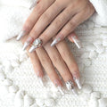 Press On Nails, Long Ballerina Coffin Shape, Silver Glitter French Tips with 3D Rhinestones, Handmade False Nail 10 Pieces (Large,LB)