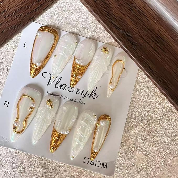 Luxury Handmade Press On Nails, Gold French Tip Long Almond Fake Nails for Women,Minimalist Metallic False Nails, Reusable Salon Quality Multilayer Gel Acrylic Fake Nails.