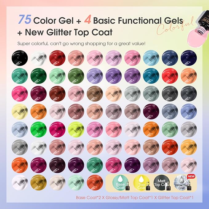ROSALIND 80PCS Gel Polish Set, 75 Colors Gel Nail Polish with Glossy Matte Glitter Top Coat Base Coat Multi-Colred u v Nail Polish Kit Soak Off Nail Set for Women