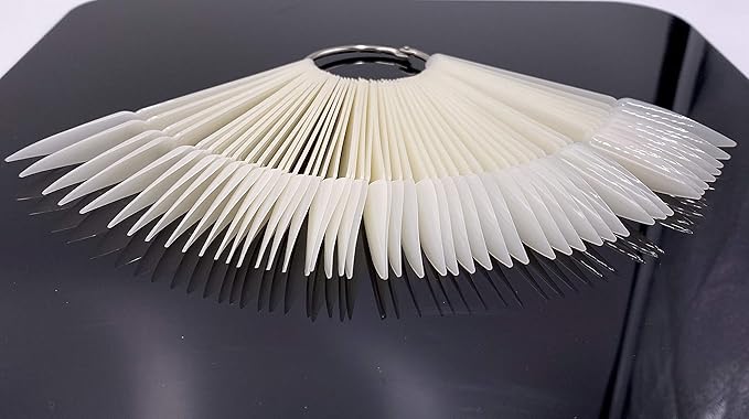 2 Sets 100 Tips Fan Shape Plastic Nail Art Tips Display Polish Board Display Practice Sticks with Metal Split Ring Holder (Natural Color)