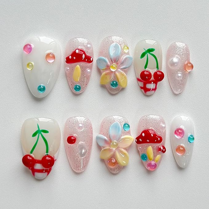 Luxury Press on Nails Short Almond Handmade 3D Unique Reusable ABS Material Fake Nails French Tip False Nails with Designs Mushroom Flower Glitter Glossy Glue on Nail Thick Acrylic Nail(M)