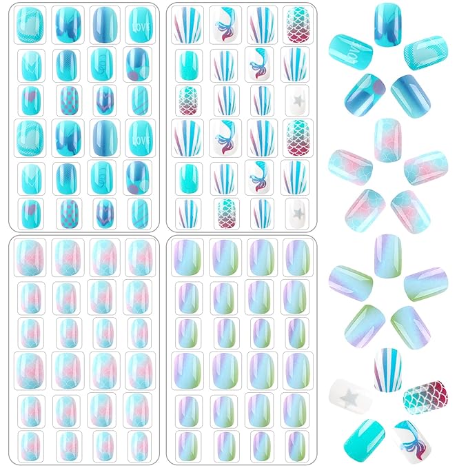 JANYUN 96 Pcs Kids False Nail Press on Nails Full Cover Short False Nails Children Nail Tips Lovely Gift for Kids Little Girls Nail Art Decoration (Blue Theme)