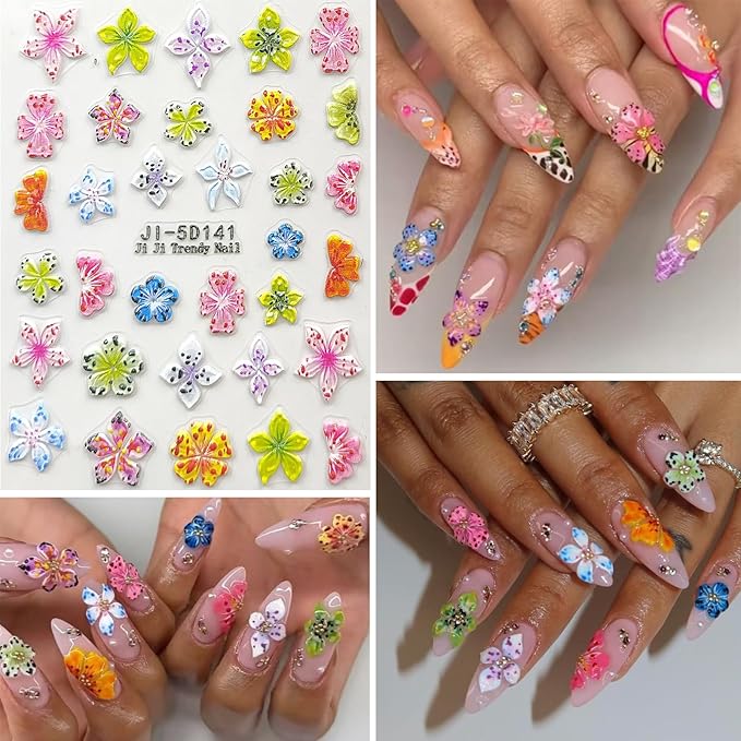 Flower Nail Art Stickers Decals 5D Embossed Nail Decals Spring Summer Pink Purple Nails Design Self-Adhesive Supplies Accessories 3D Flower for Women Nails DIY Decoration(5 Sheets)