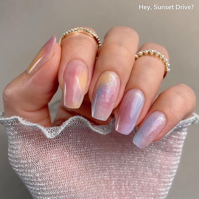 Heyhae Semi Cured Gel Nail Strips | No LED Lamp Needed | Marble, Pink, Spring | Easy Apply & Remove, Salon Quality | Includes 28 Strips, 1 Prep Pads, Nail File & Wooden Stick - Hey, Sunset Drive?
