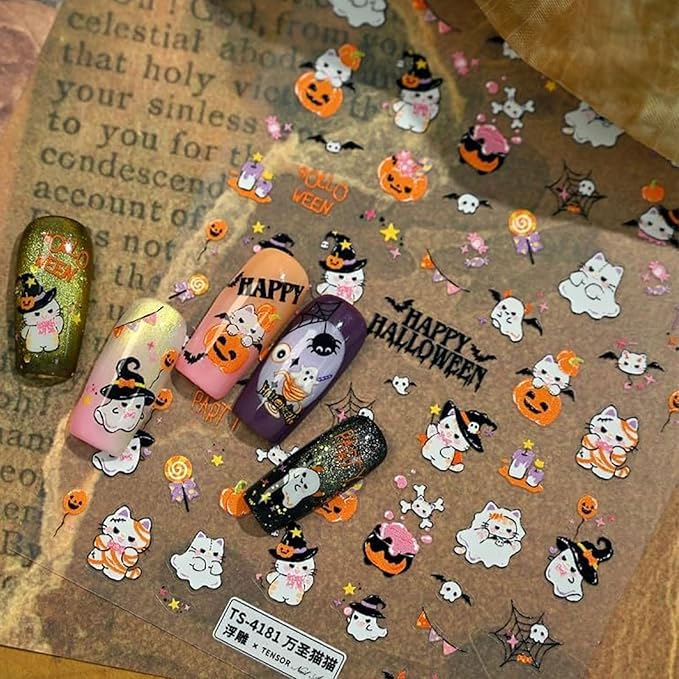 Halloween Nail Stickers Witch Cat Nail Art Stickers 5D Embossed Pumpkin Nail Decals Spider Web Nail Art Supplies 3D Self Adhesive Holiday Nail Design for Women Girls 1 Sheets